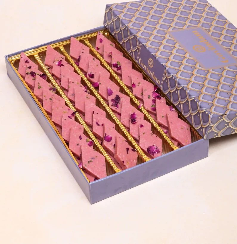 Rose Kaju Katli, Indian sweets, Cashew desserts, Rose-flavored treats, Vegetarian mithai, Govindam Sweets, Gift sweets