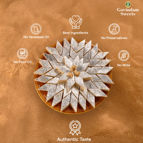 Close-up of diamond-cut Kaju Katli with silver varak on top