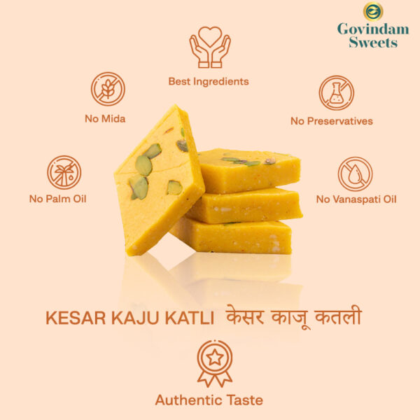 Close-up of diamond-shaped Kesar Katli with a golden saffron hue