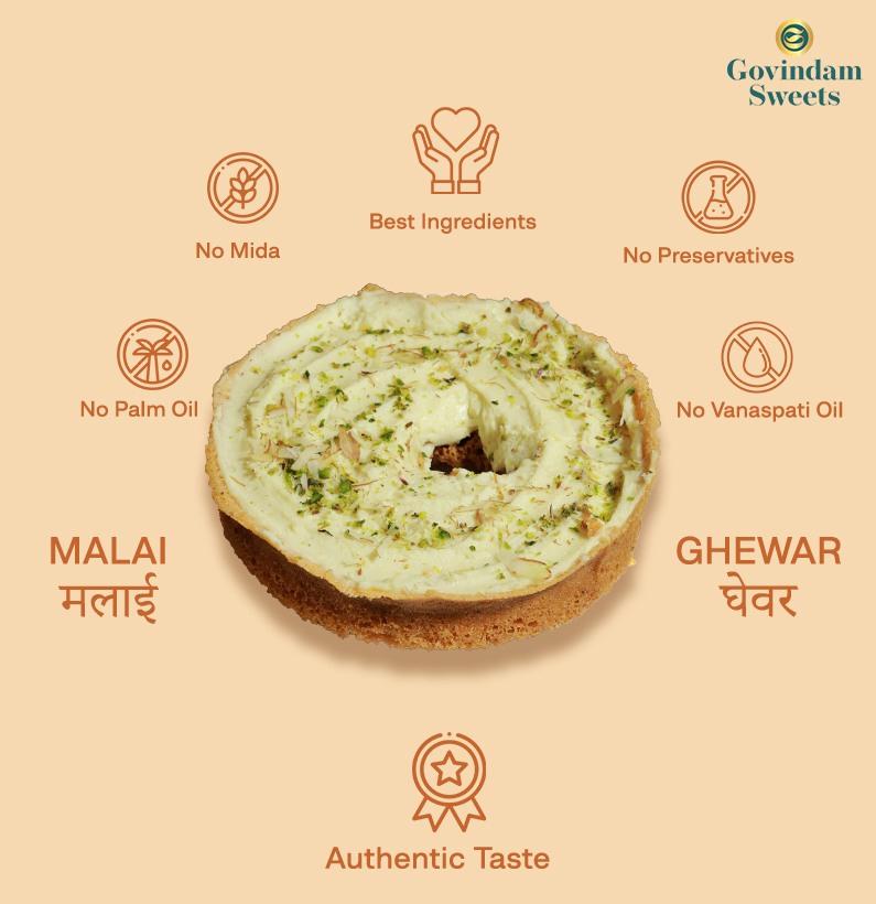 Close-up of Malai Ghewar topped with thick rabri and chopped dry fruits