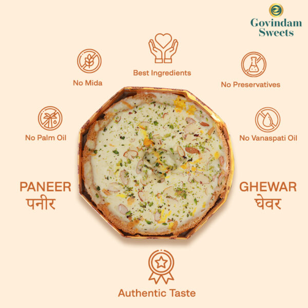 Close-up of Paneer Ghewar topped with crumbled paneer and dry fruits