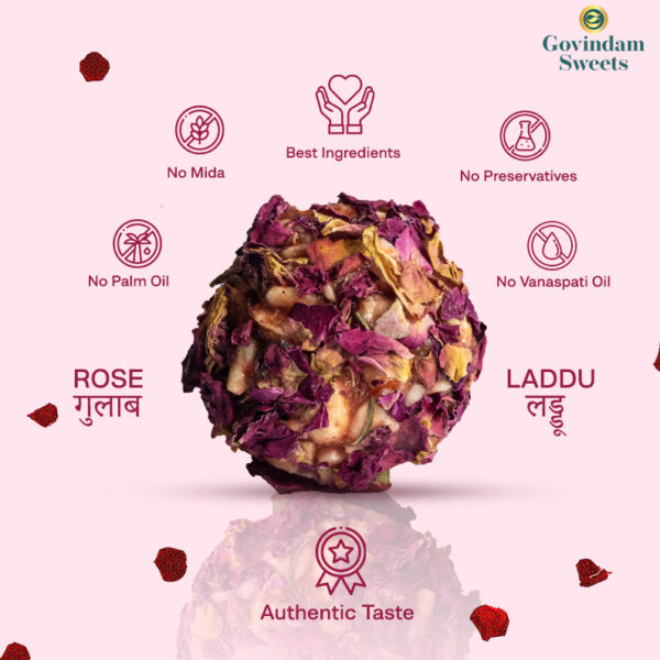 Close-up of pink Rose Laddu garnished with rose petals and silver varak