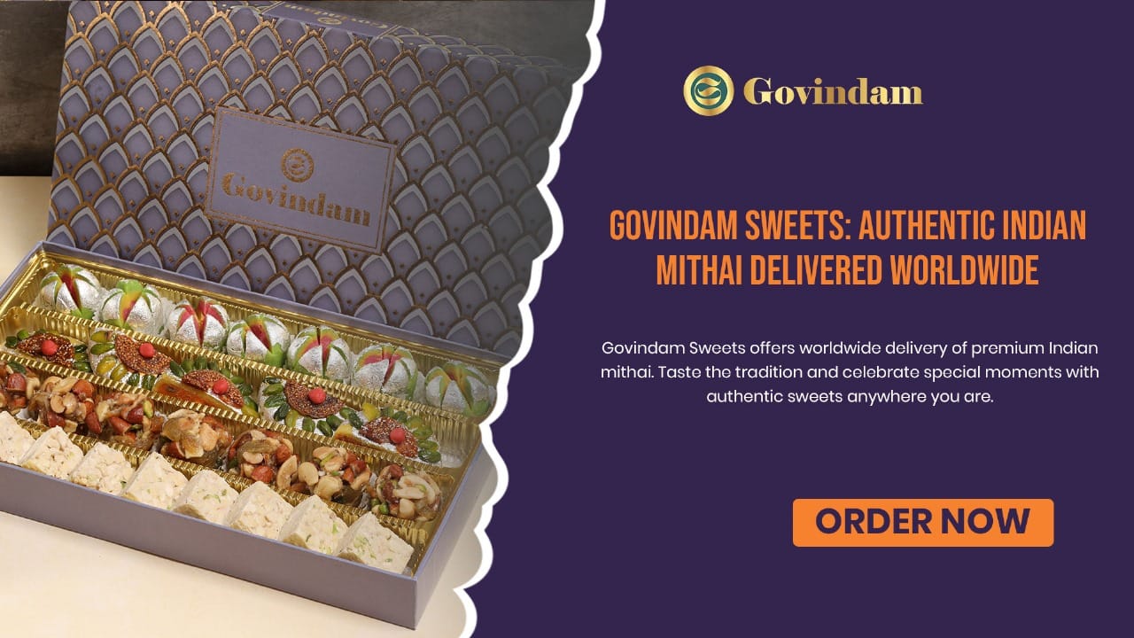 Text: Govindam Sweets Authentic making and delivering authentic Indian mithai