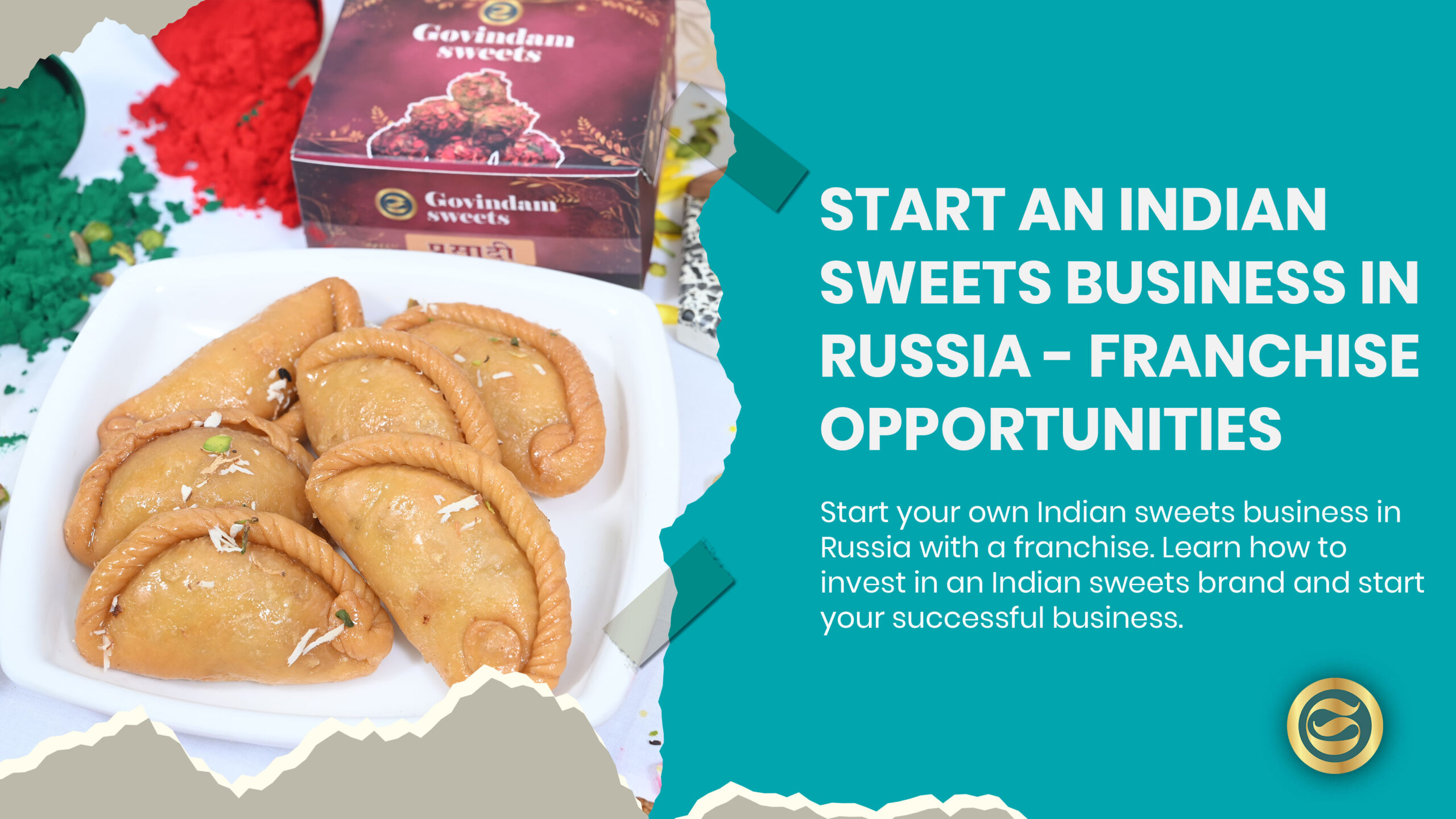 Govindam Sweets franchise opportunity showing modern store design, authentic Indian sweets display and successful business owners in Russia