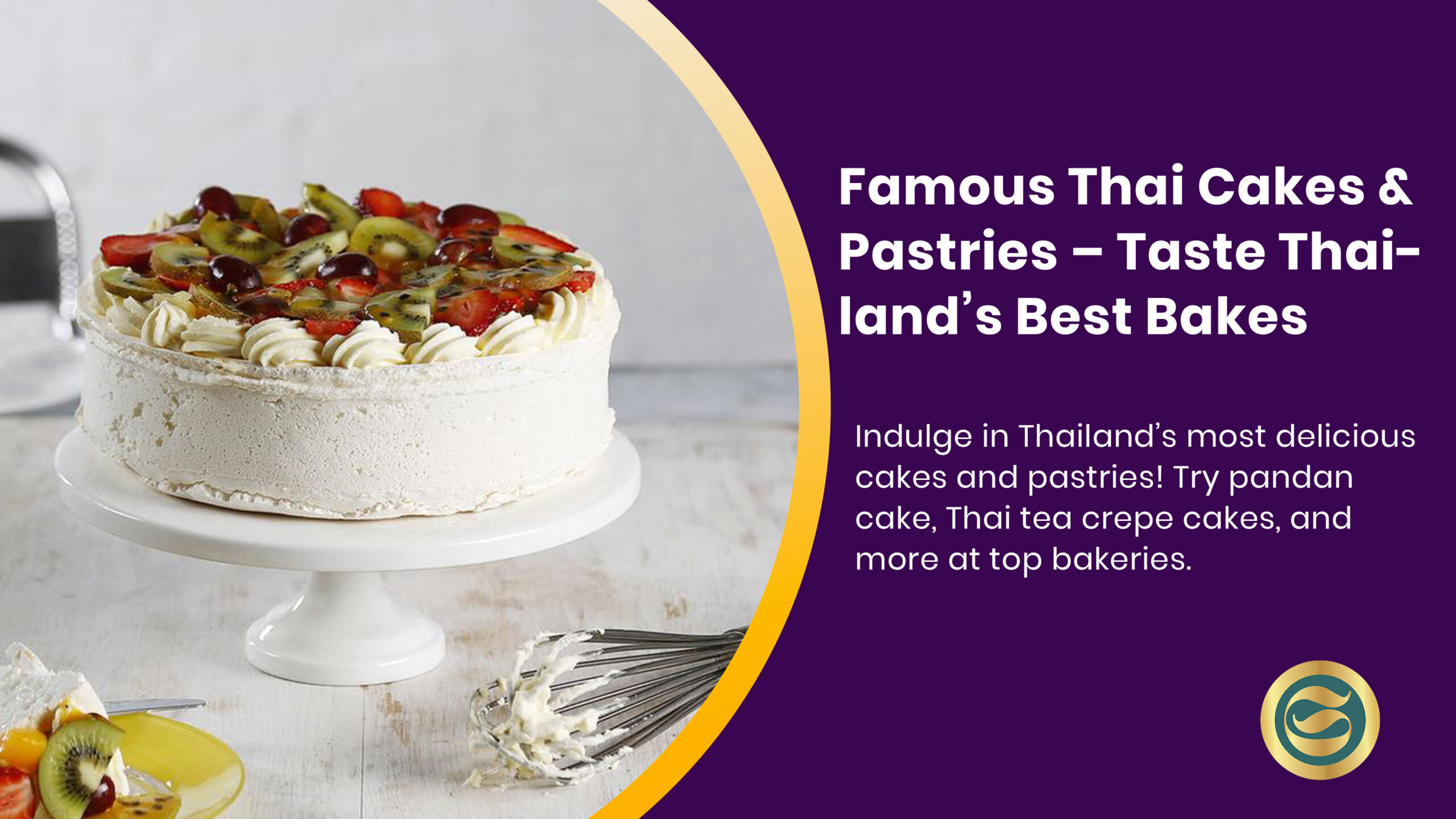 Assortment of colorful Thai cakes and pastries including green pandan cake, orange Thai tea crepe cake, and coconut custard buns