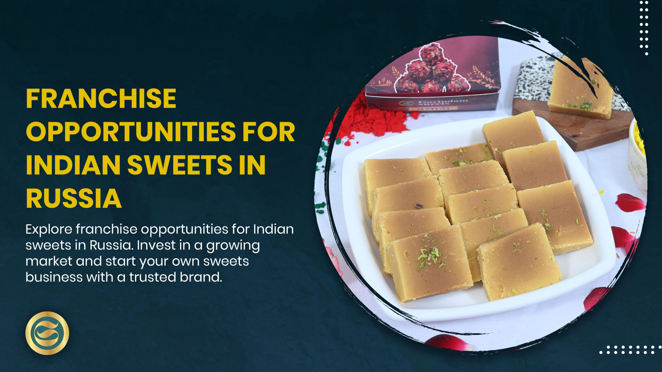 Govindam Sweets franchise opportunity showing branded store, authentic Indian sweets display and successful franchise partners in Russia