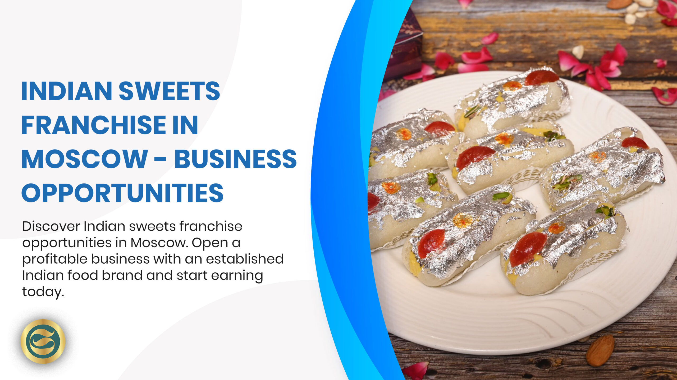 Govindam Sweets franchise opportunity in Moscow showing elegant store design, authentic Indian sweets display and successful business owners in Russia's capital city