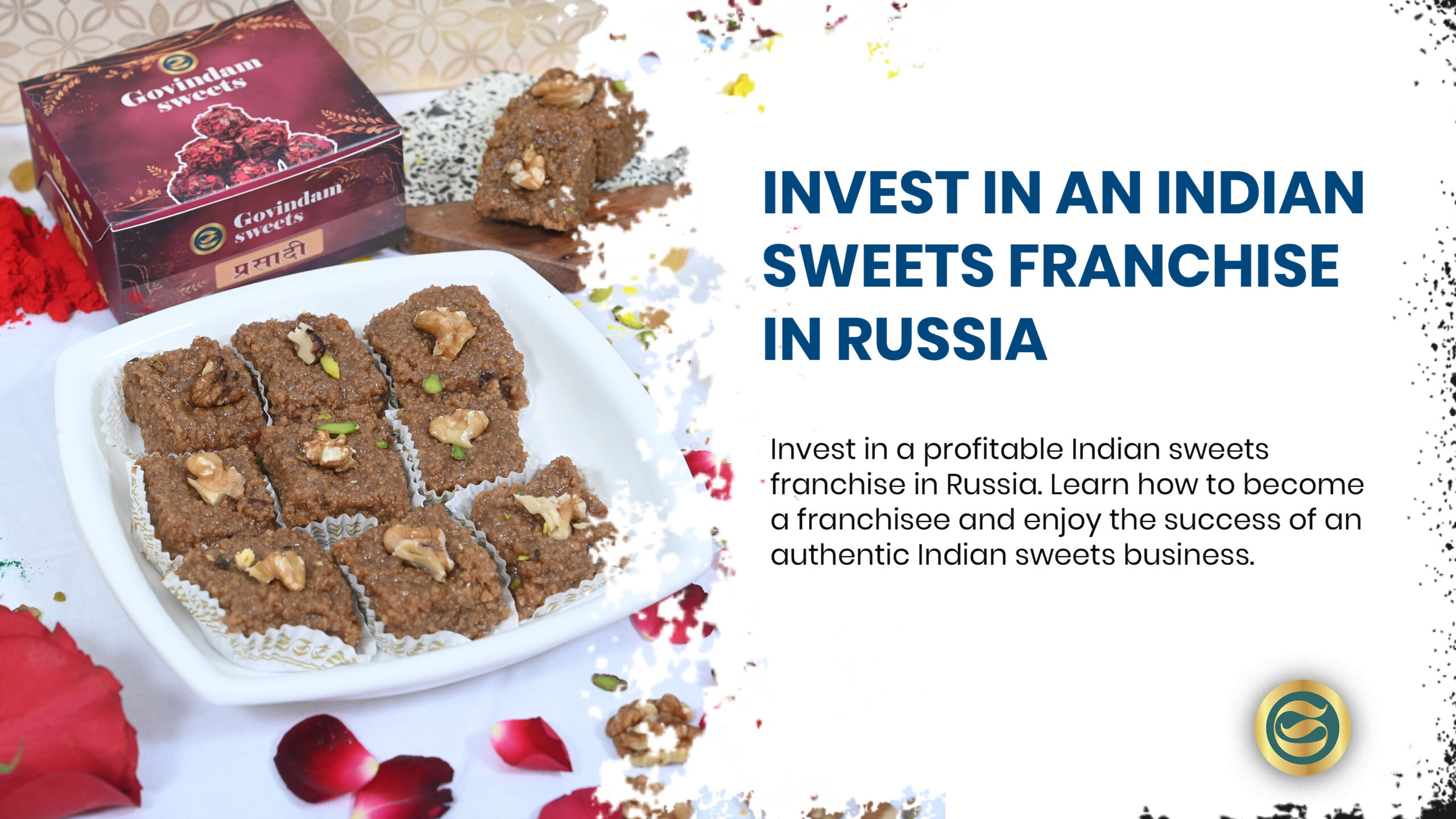Successful Indian sweets franchise in Russia displaying authentic Govindam confections with colorful barfi varieties and laddu in modern Moscow retail location
