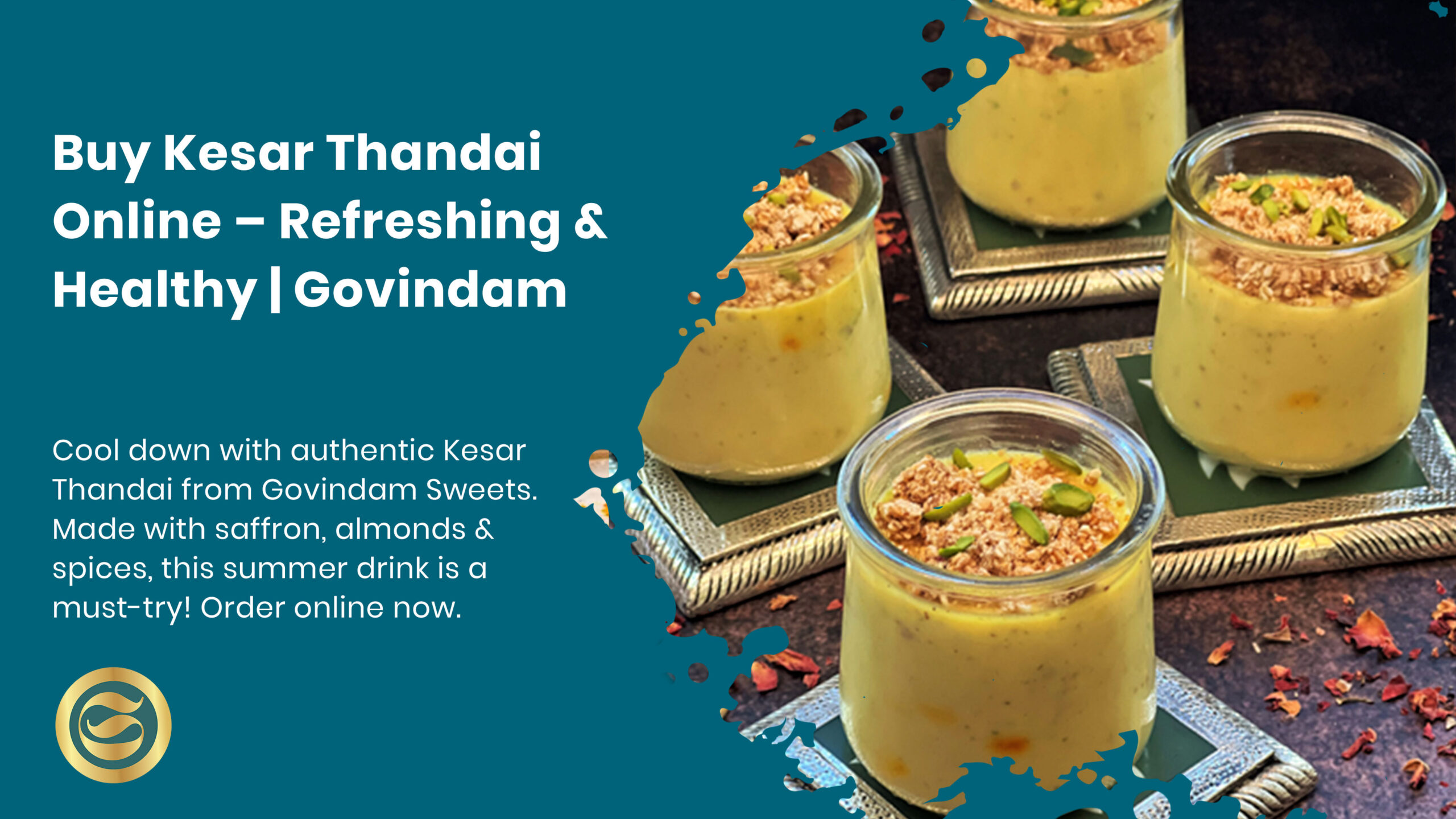 Refreshing Kesar Thandai summer drink with saffron and nuts in a traditional silver glass from Govindam Sweets.