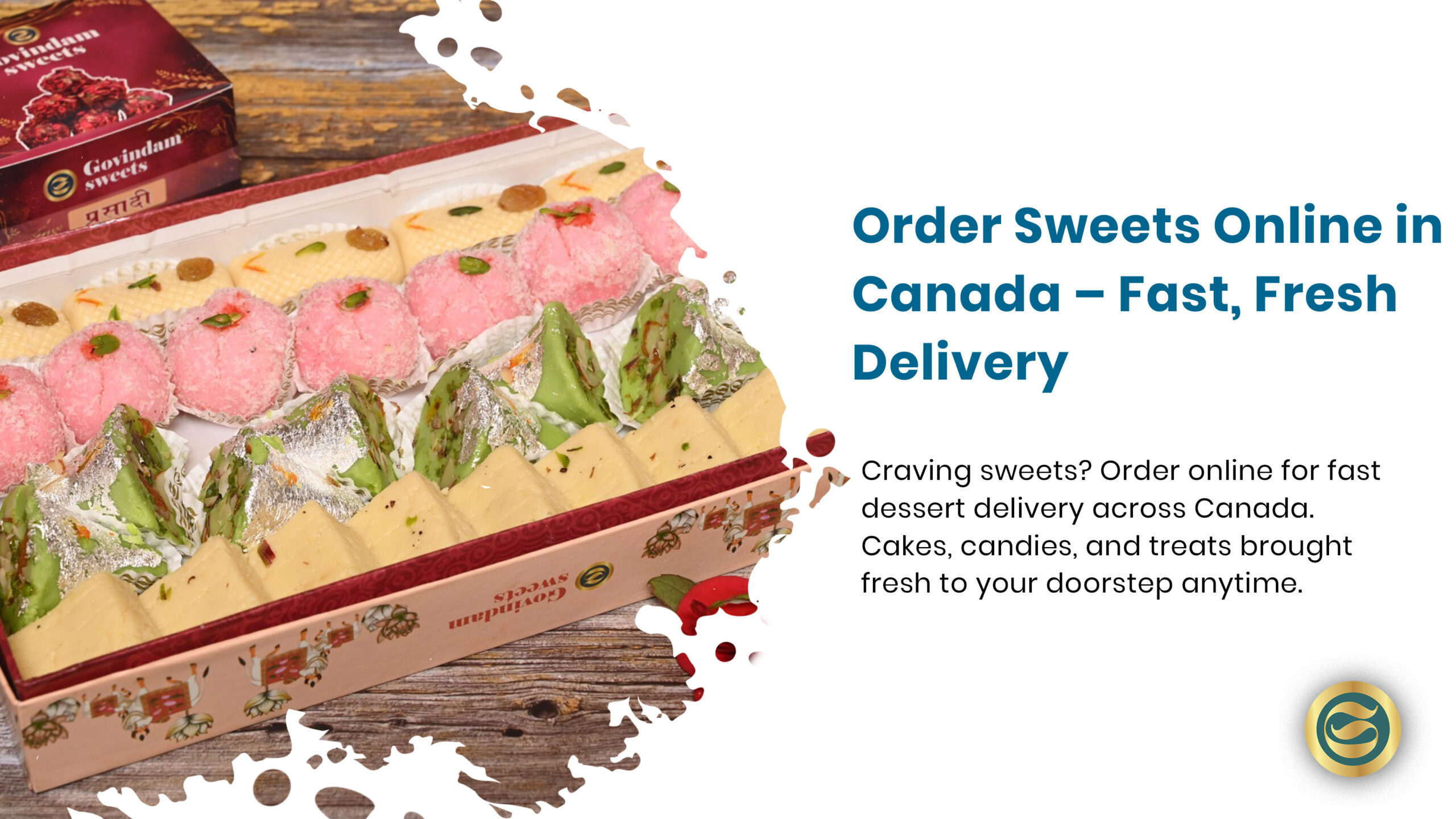 Online sweets delivery Canada featuring professionally packaged dessert box with cakes, cookies, chocolates and donuts ready for nationwide shipping and local delivery services