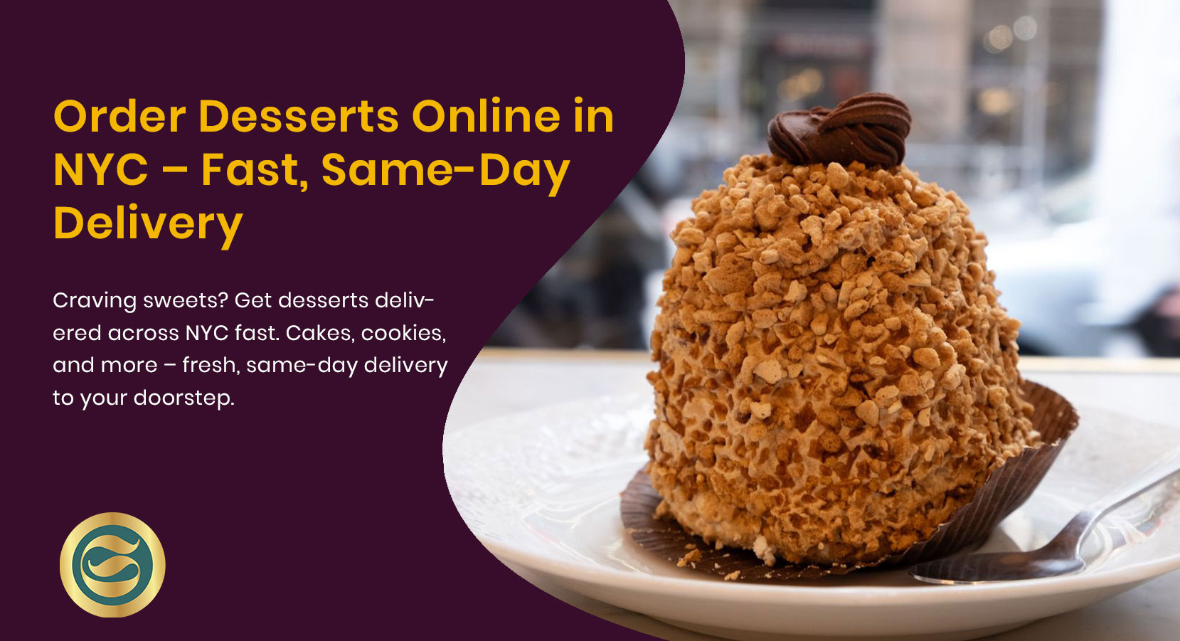 Beautifully packaged cake and cookies being delivered by courier service in Manhattan with NYC skyline background