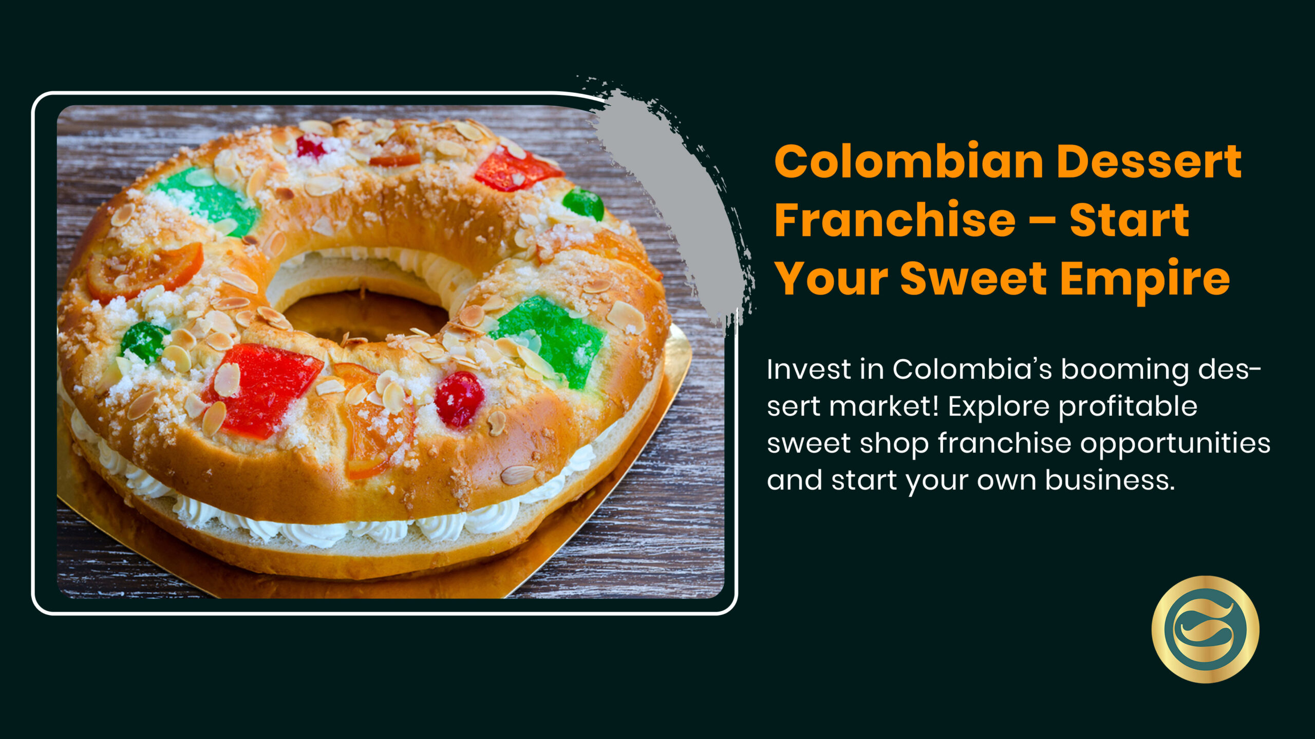 Interior of modern Colombian dessert franchise shop with display cases, seating area, and branded décor