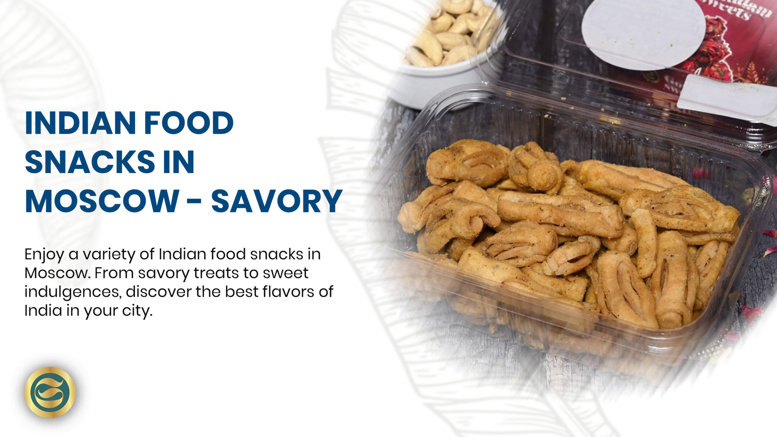 Assortment of authentic Indian snacks including samosas, pakoras and sweets arranged on decorative platter with Moscow skyline in background