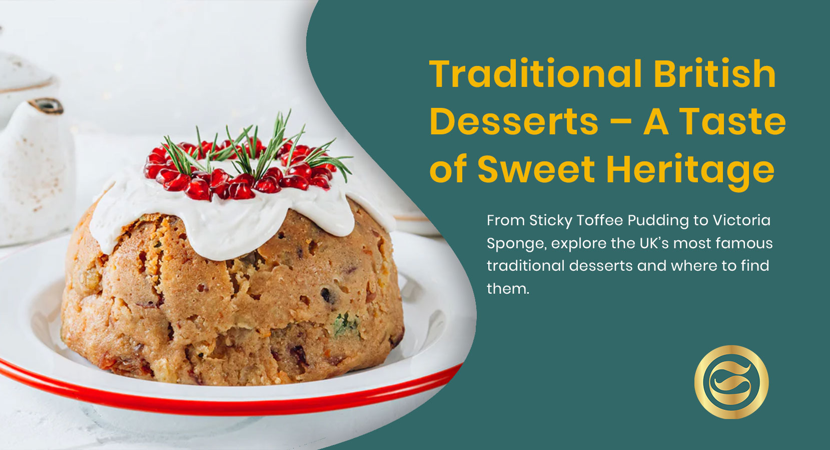Selection of famous traditional British desserts including sticky toffee pudding, Victoria sponge cake, trifle, Christmas pudding and cream tea scones