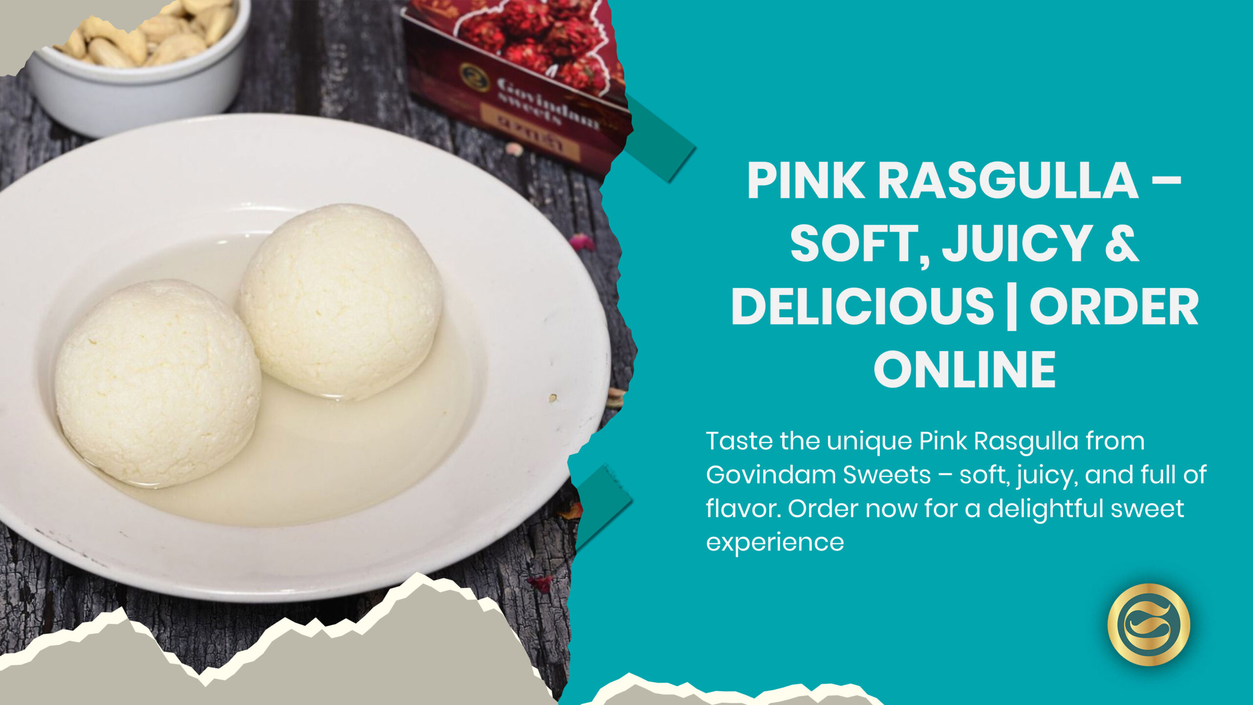 Pink Rasgulla from Govindam Sweets - soft, spongy, rose-flavored Bengali sweet with delicate pink color served in traditional silver dish