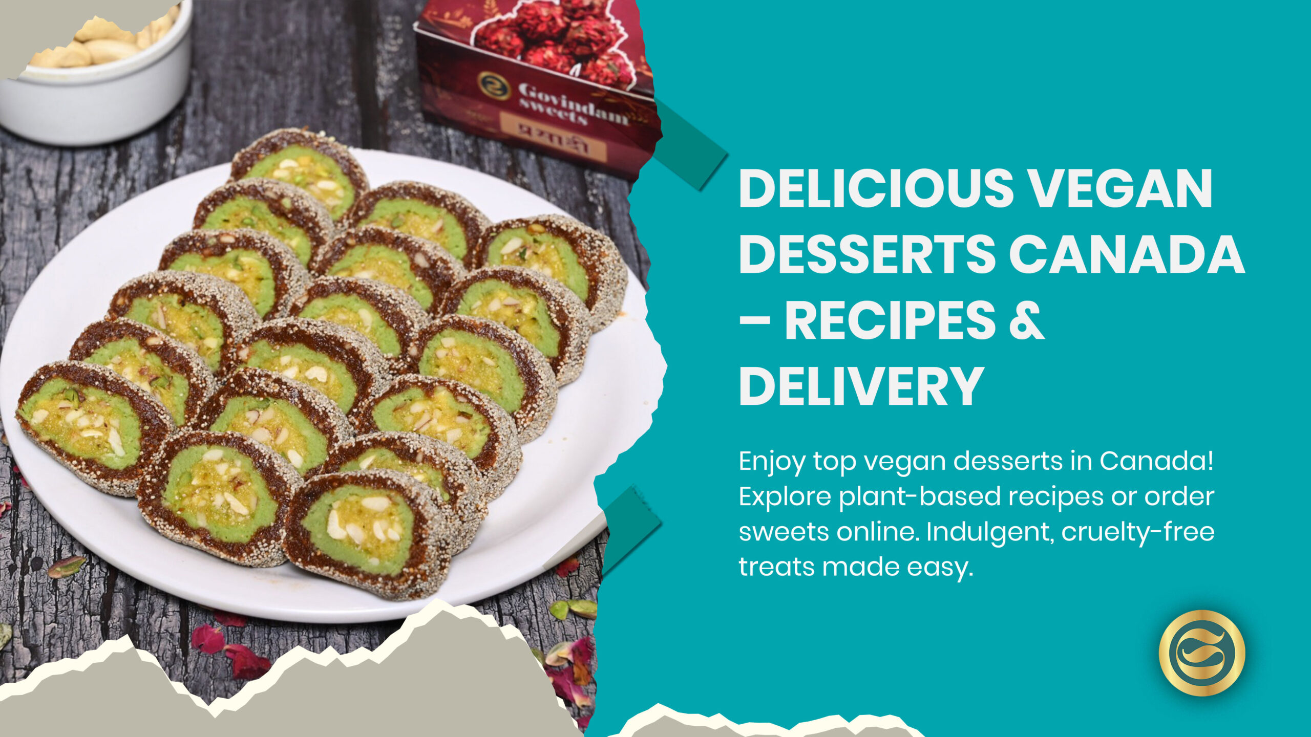 Vegan desserts Canada display featuring chocolate cake, maple donuts, plant-based cheesecake, butter tarts and Nanaimo bars with home baking ingredients for dairy-free treats