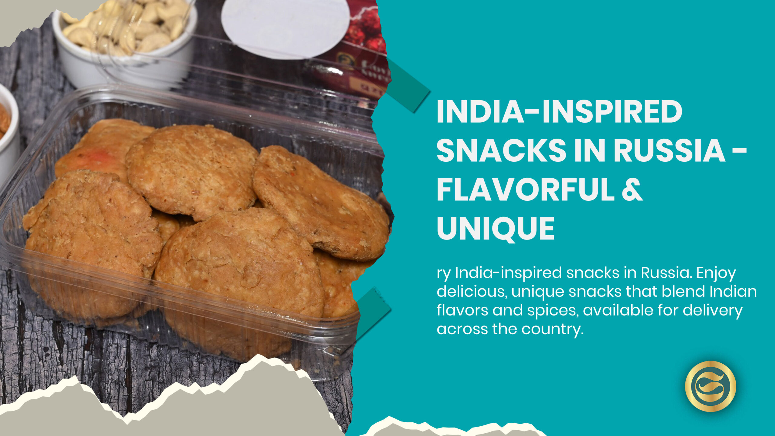 Creative fusion food display showing masala pelmeni, paneer blini, tandoori piroshki and borscht spice chips combining Russian formats with Indian flavors