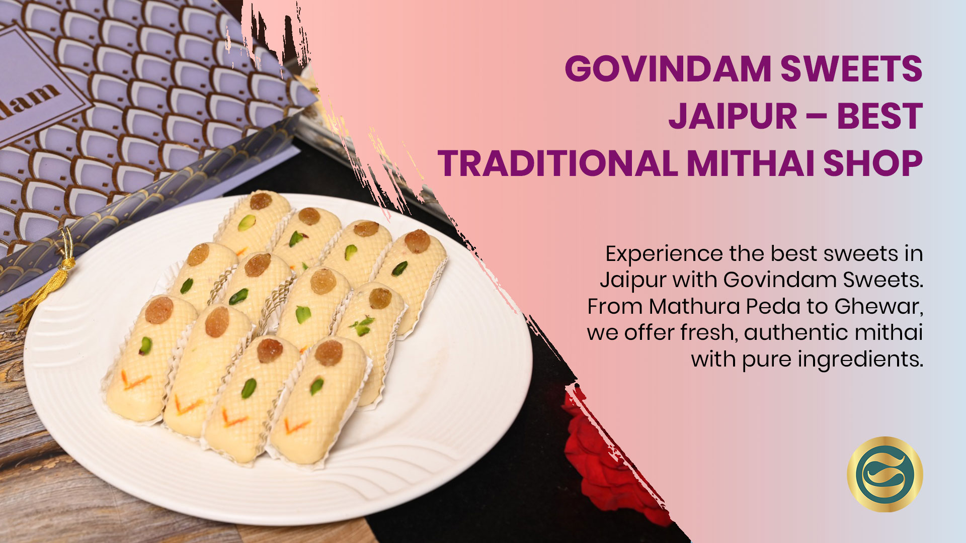 Govindam Sweets Jaipur shop interior with wide selection of traditional Indian mithai on display.