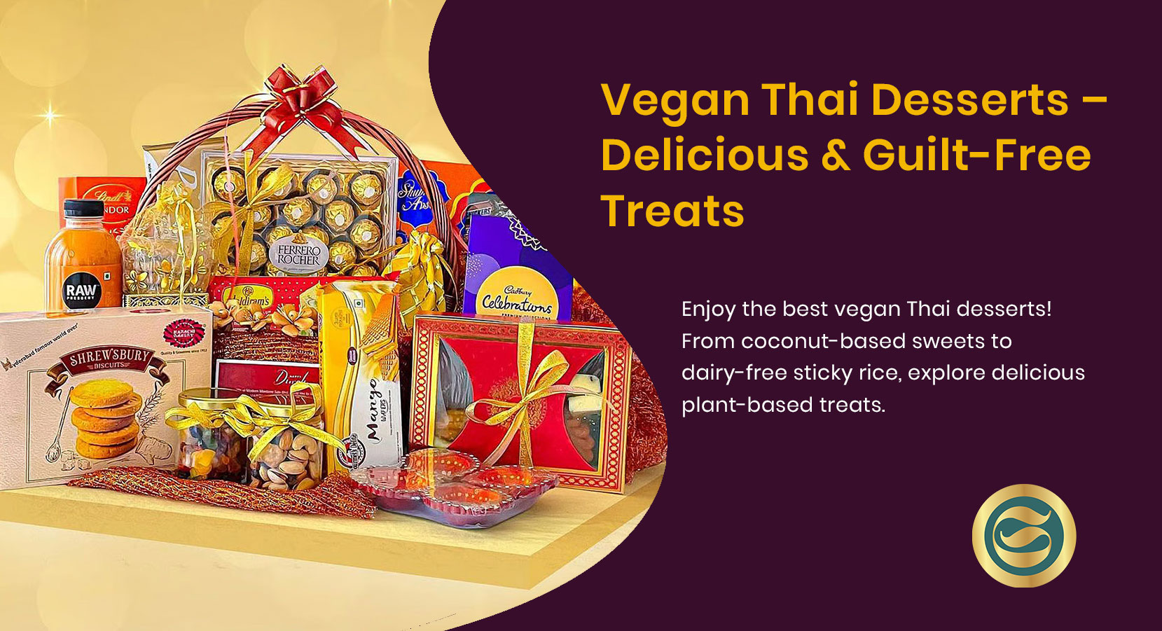 Assortment of colorful vegan Thai desserts including mango sticky rice, coconut jellies, and banana treats arranged on traditional serving dishes