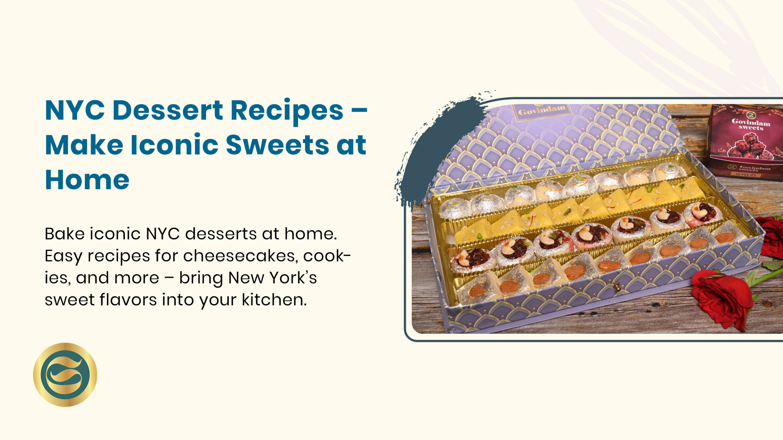 Homemade New York cheesecake, black and white cookies, and Italian rainbow cookies arranged on a rustic wooden table with NYC skyline background