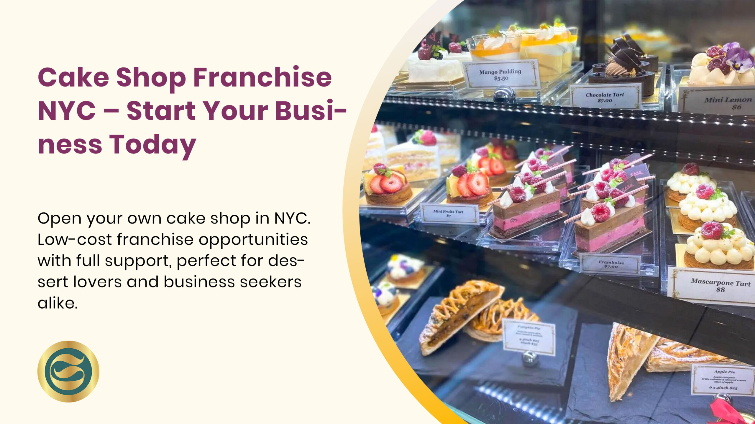 Modern cake shop interior with glass display cases showing specialty cakes and pastries in an upscale NYC location
