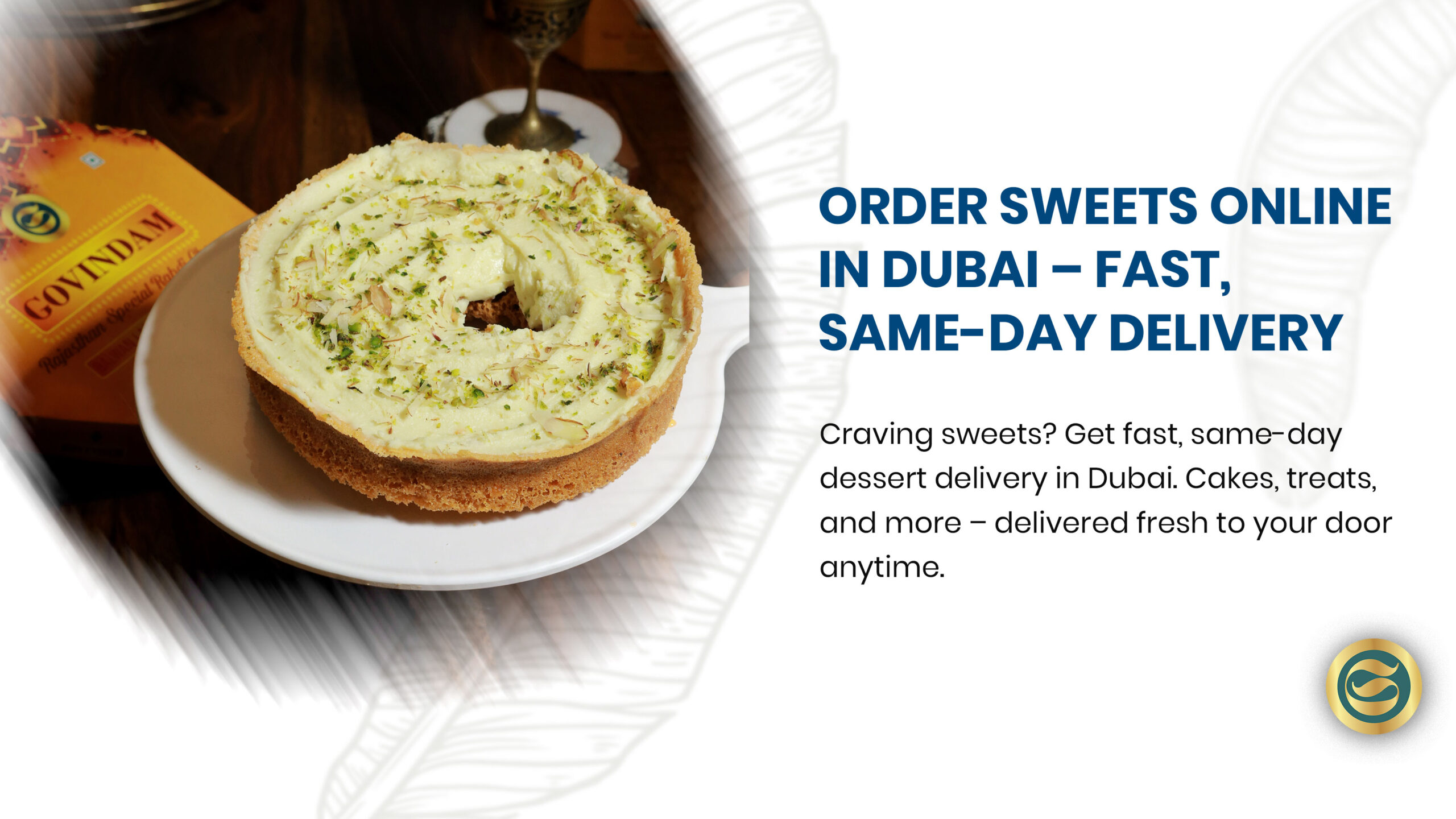 Diverse gourmet desserts including chocolate cake, French pastries, artisanal ice cream and Arabic sweets displayed with specialized delivery packaging and real-time tracking app representing Dubai's premium online dessert delivery services