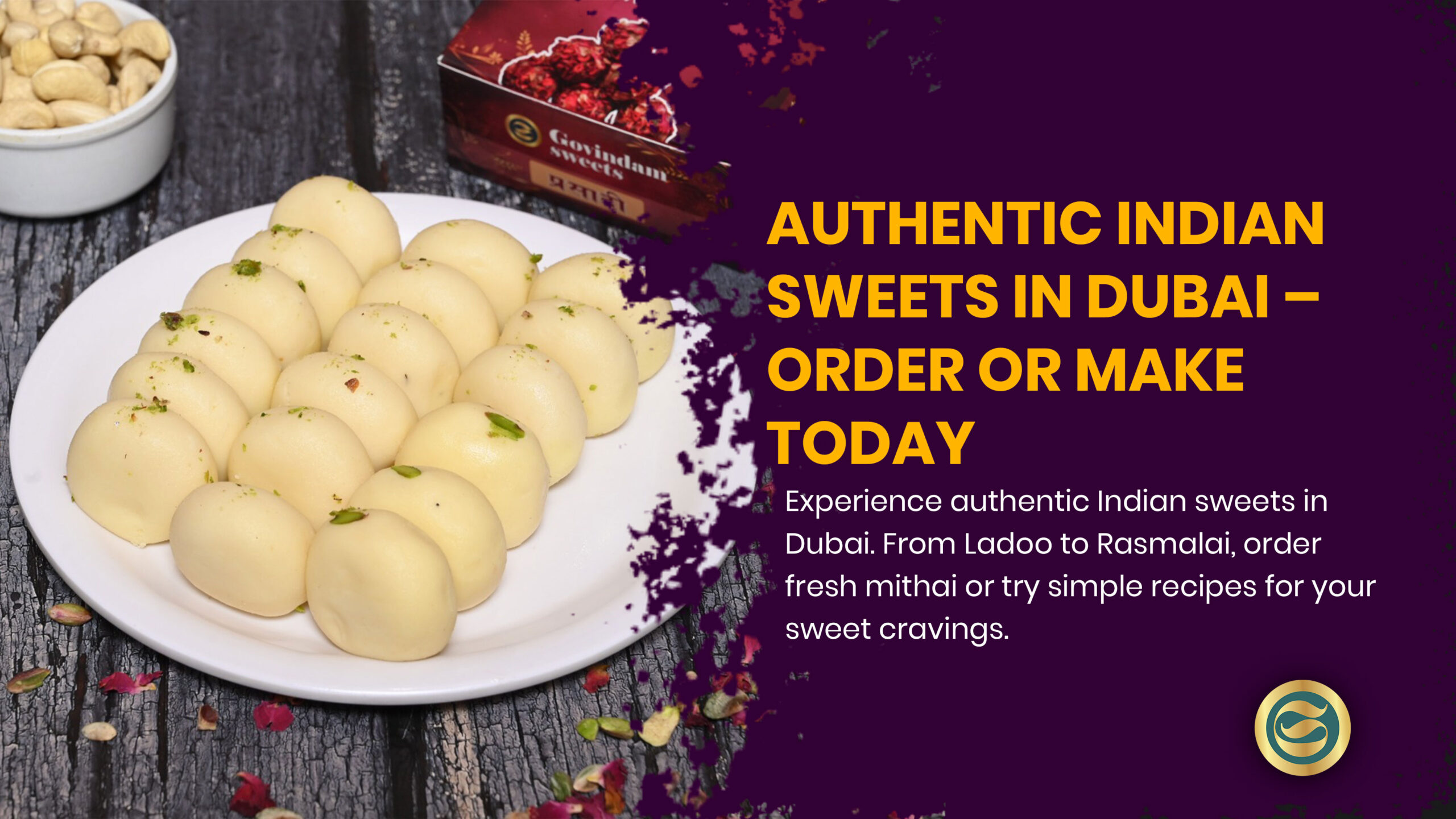 Assortment of colorful traditional Indian sweets including gulab jamun, kaju katli, jalebi and rasmalai displayed on decorative thali showcasing authentic mithai available in Dubai