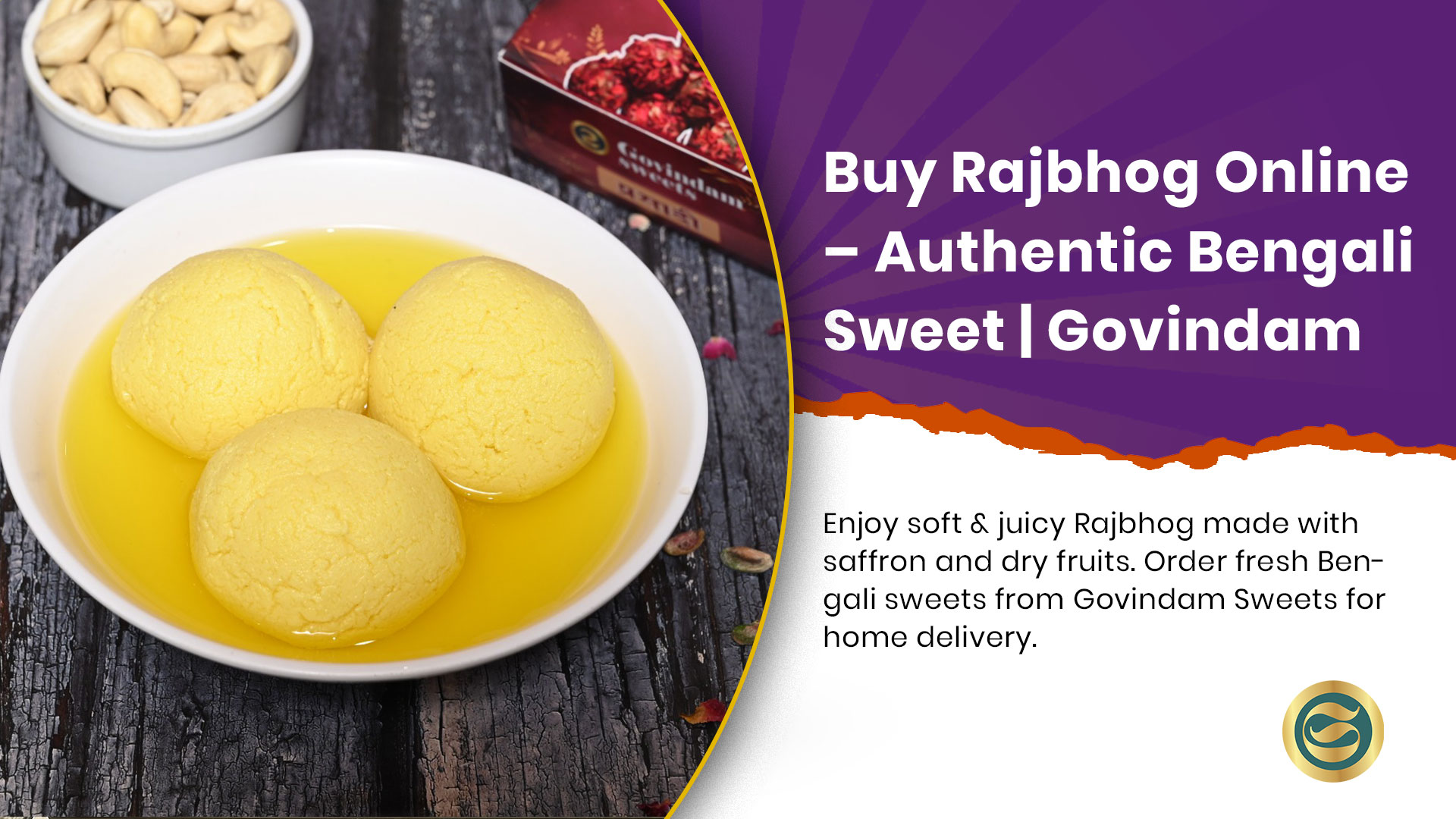 Traditional Bengali sweet Rajbhog with saffron infusion showing golden color soft texture and dry fruit filling
