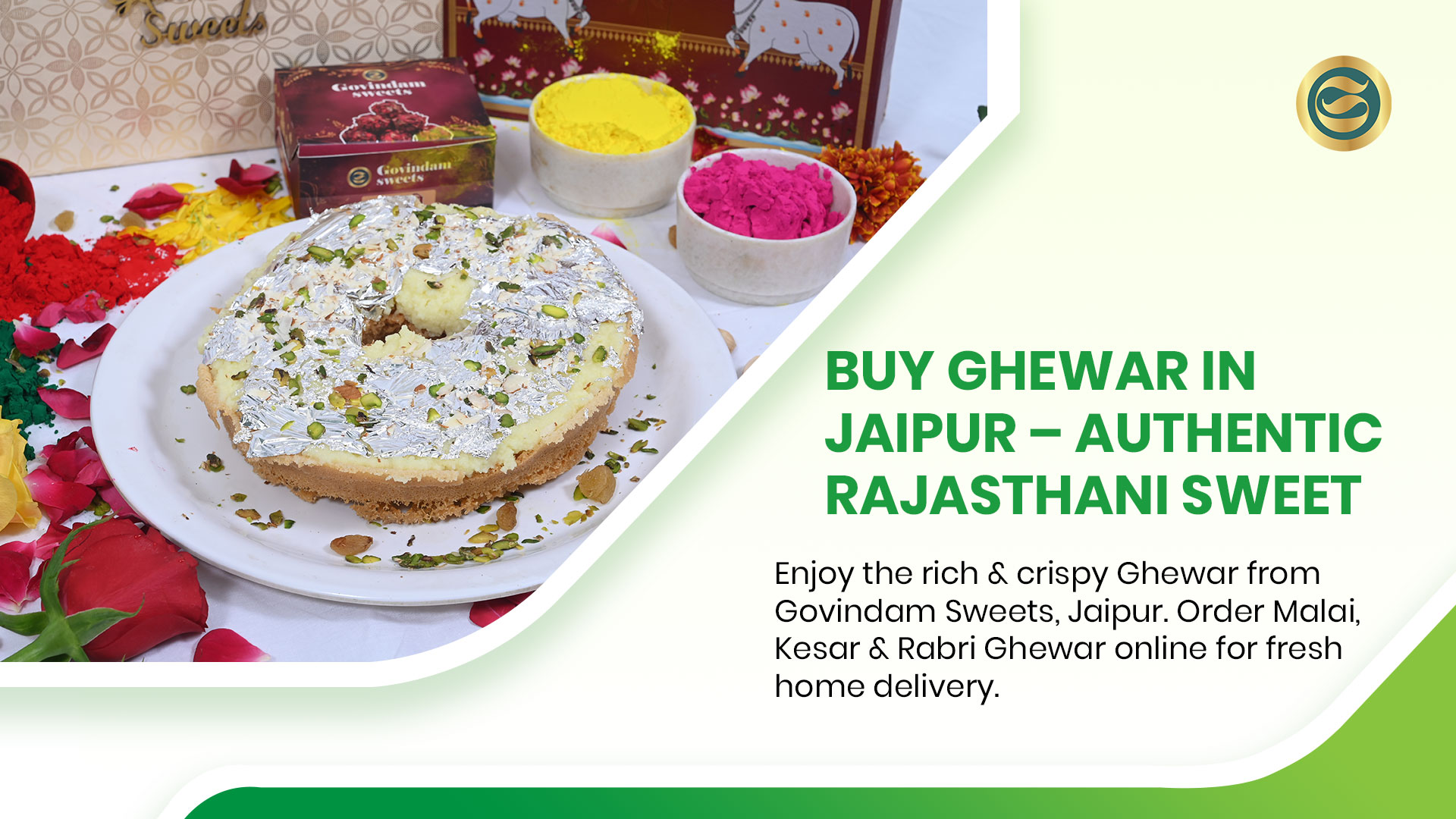 Authentic Ghewar in Jaipur showing honeycomb texture topped with creamy rabri and garnished with pistachios