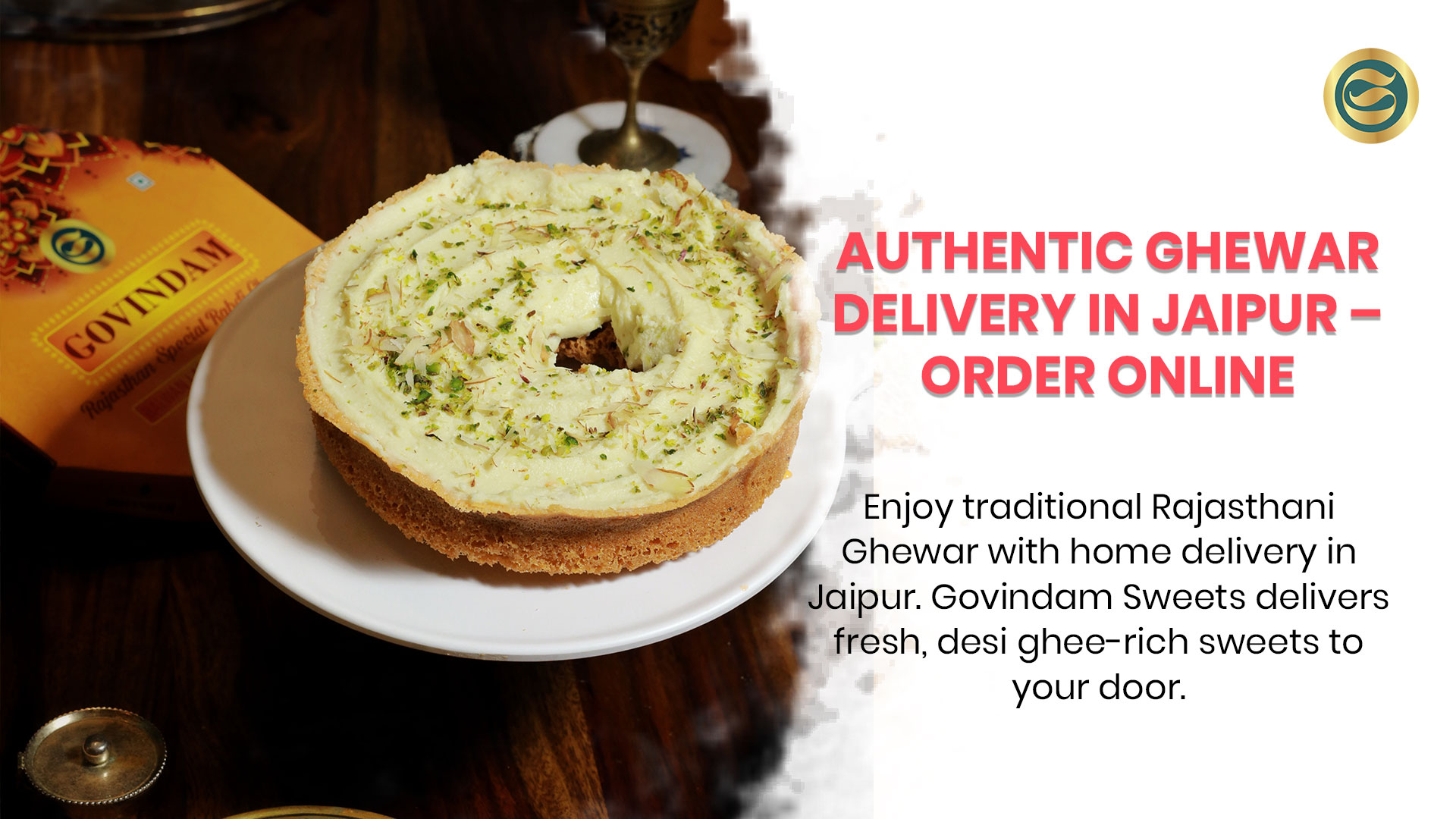 Ghewar delivery Jaipur traditional honeycomb sweet with malai topping and nuts.