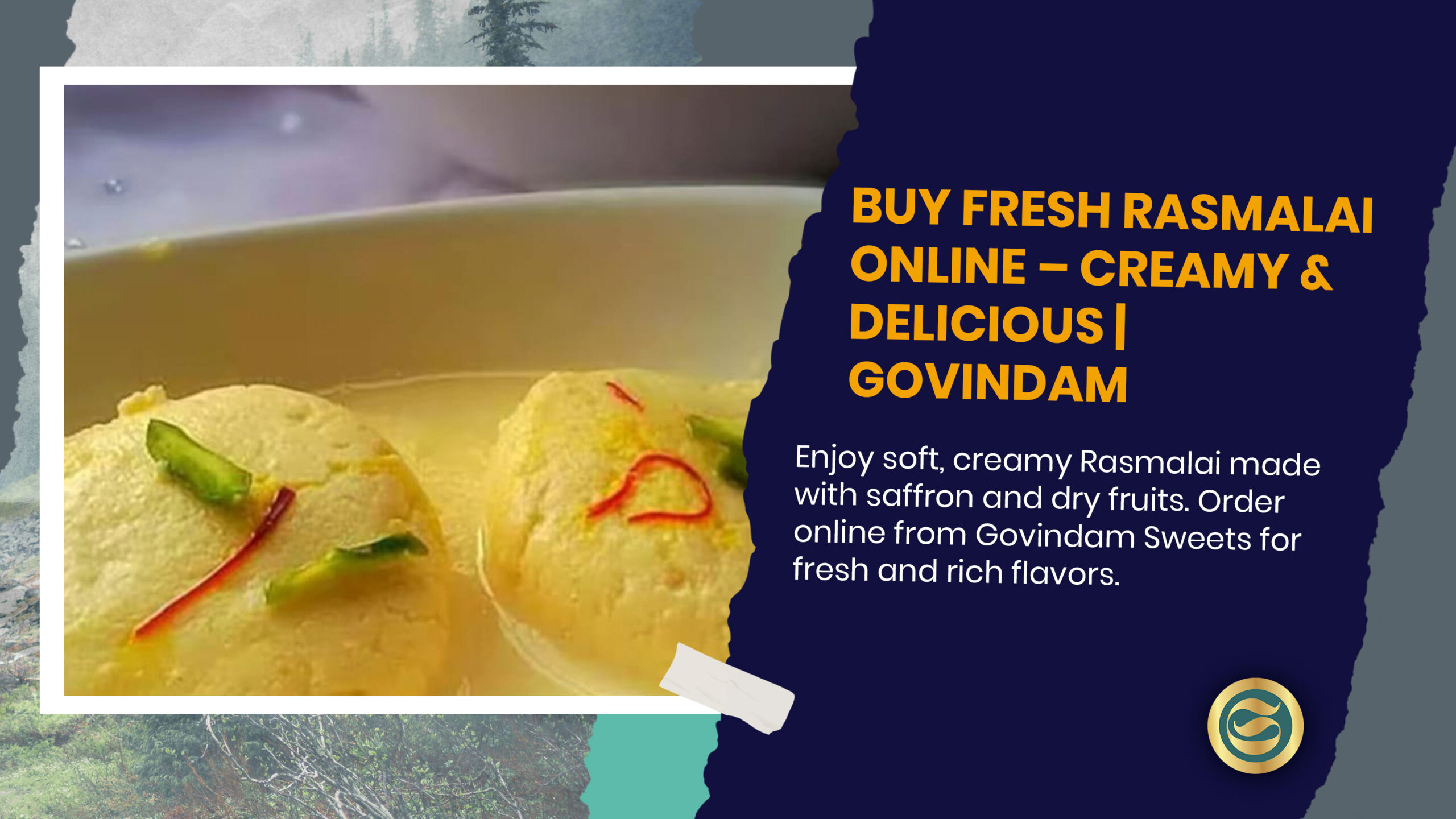 Soft creamy dessert Rasmalai featuring saffron milk cheese patties garnished with pistachios and saffron strands