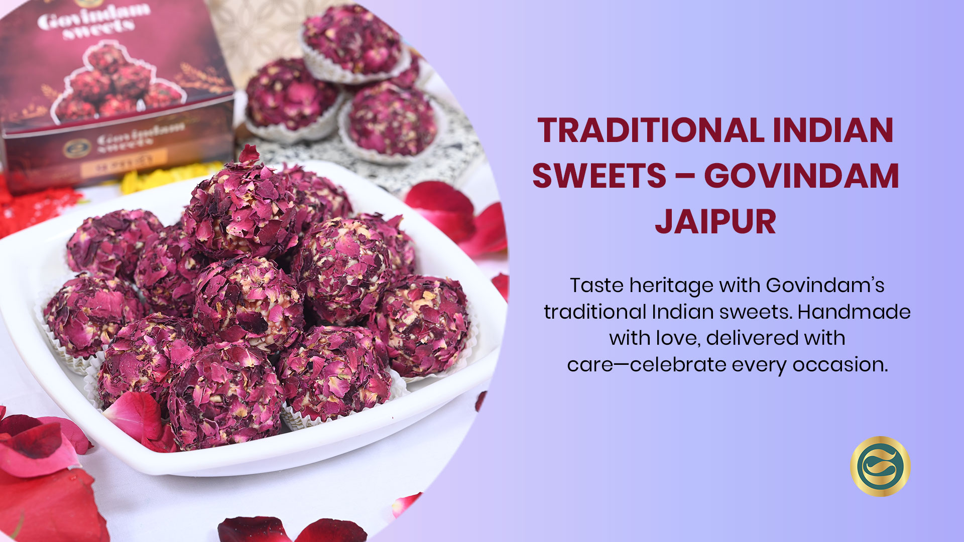 Traditional Indian sweets collection featuring Ghewar, Kaju Katli, and regional specialties from Govindam Jaipur