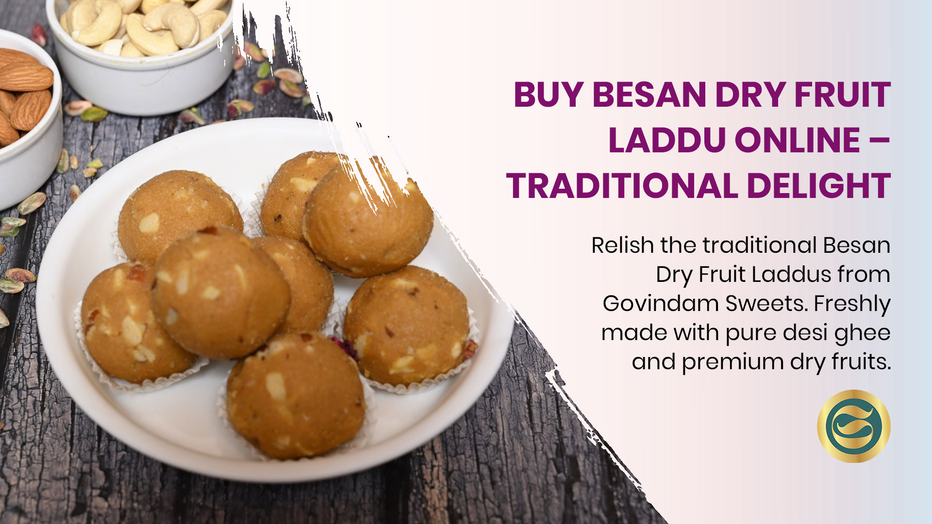 Traditional Besan Dry Fruit Laddus with premium nuts from Govindam Sweets Jaipur