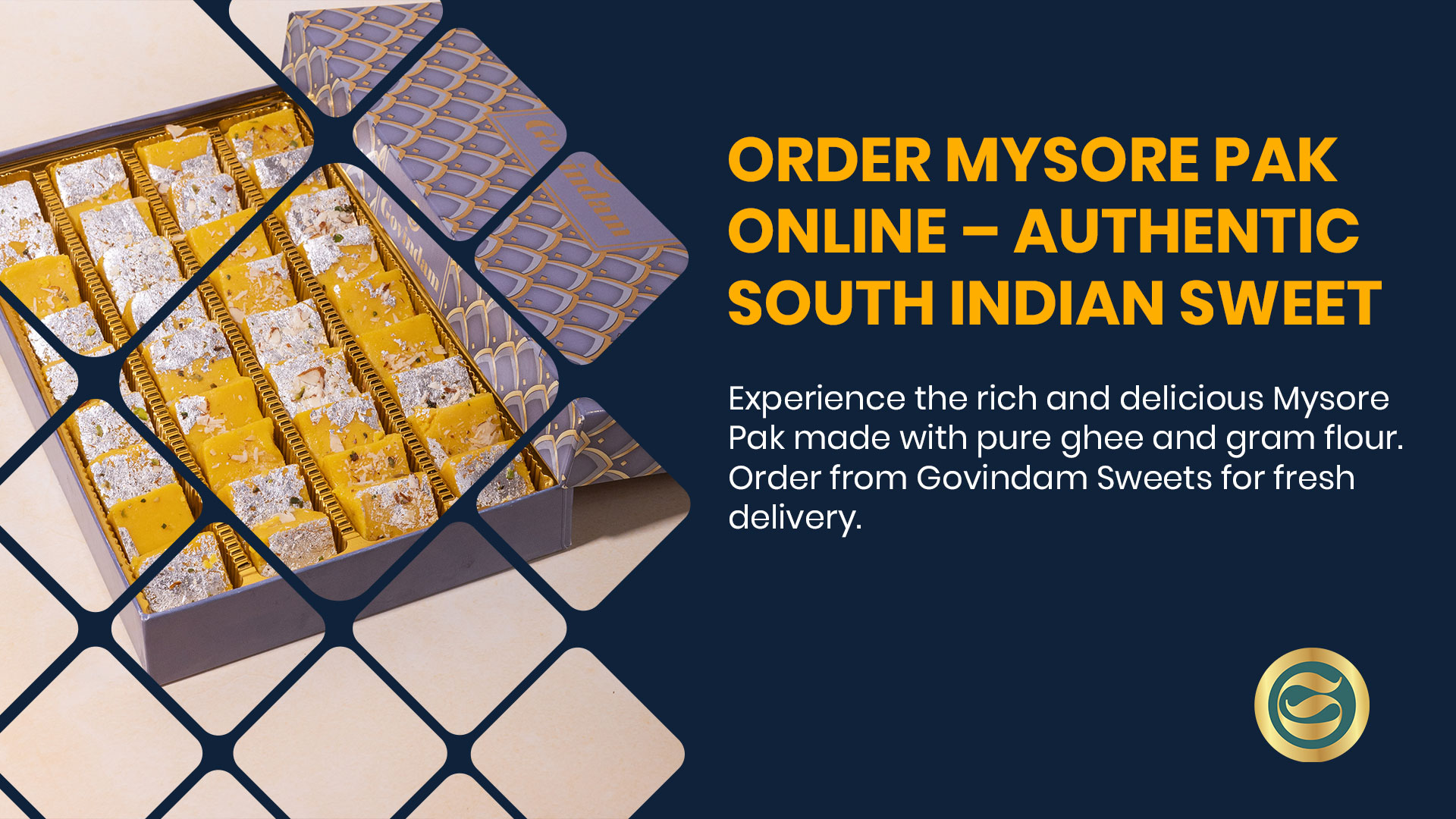 South Indian ghee sweet Mysore Pak showing rich golden color porous texture and ghee-rich appearance