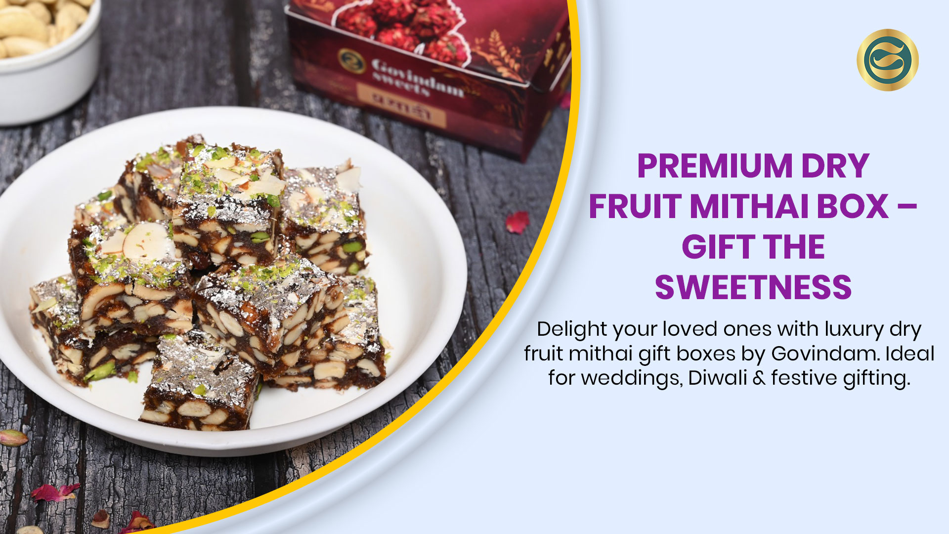 Dry fruit mithai gift box with premium nut sweets in luxury packaging.