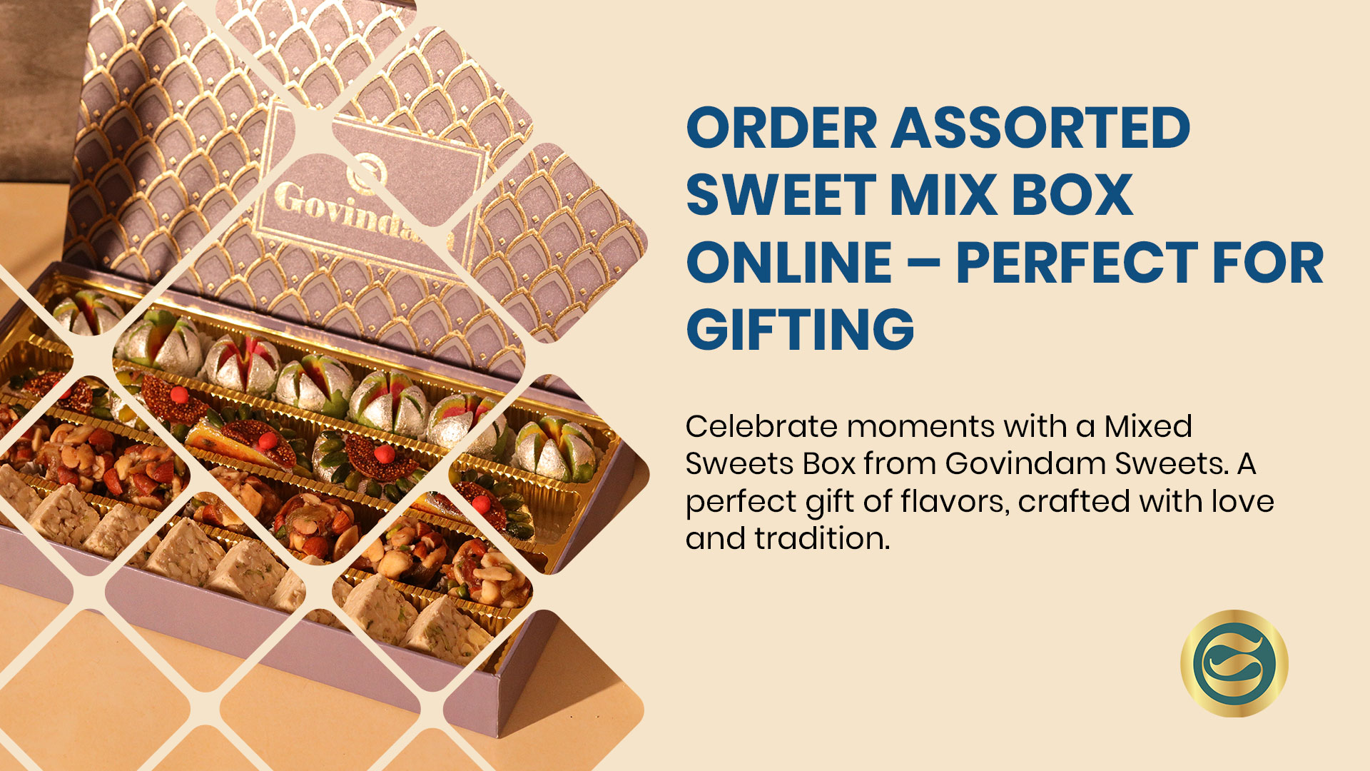 Assorted traditional Indian sweets in a decorative gift box from Govindam Sweets Jaipur