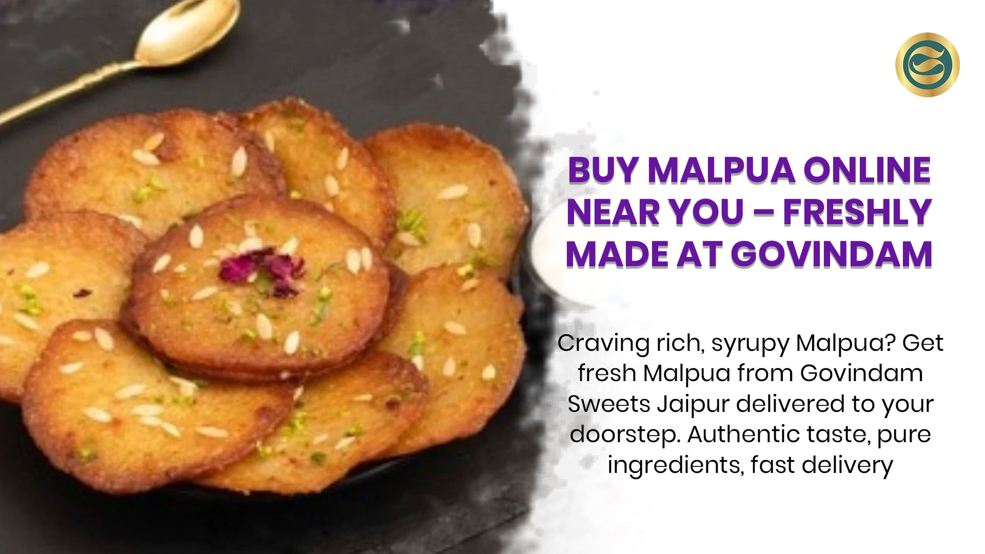 Traditional Malpua sweet pancakes with syrup and nut garnish available for delivery near you