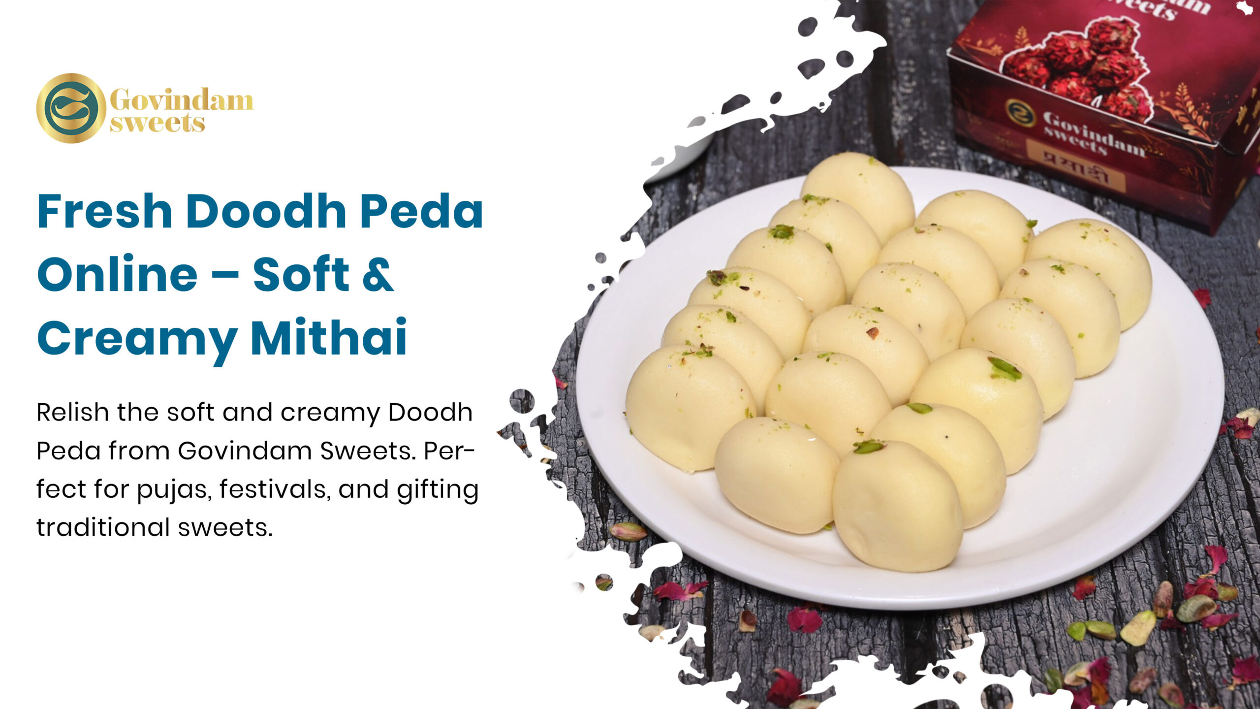 Traditional Doodh Peda (Milk Fudge) sweets with decorative impressions from Govindam Jaipur