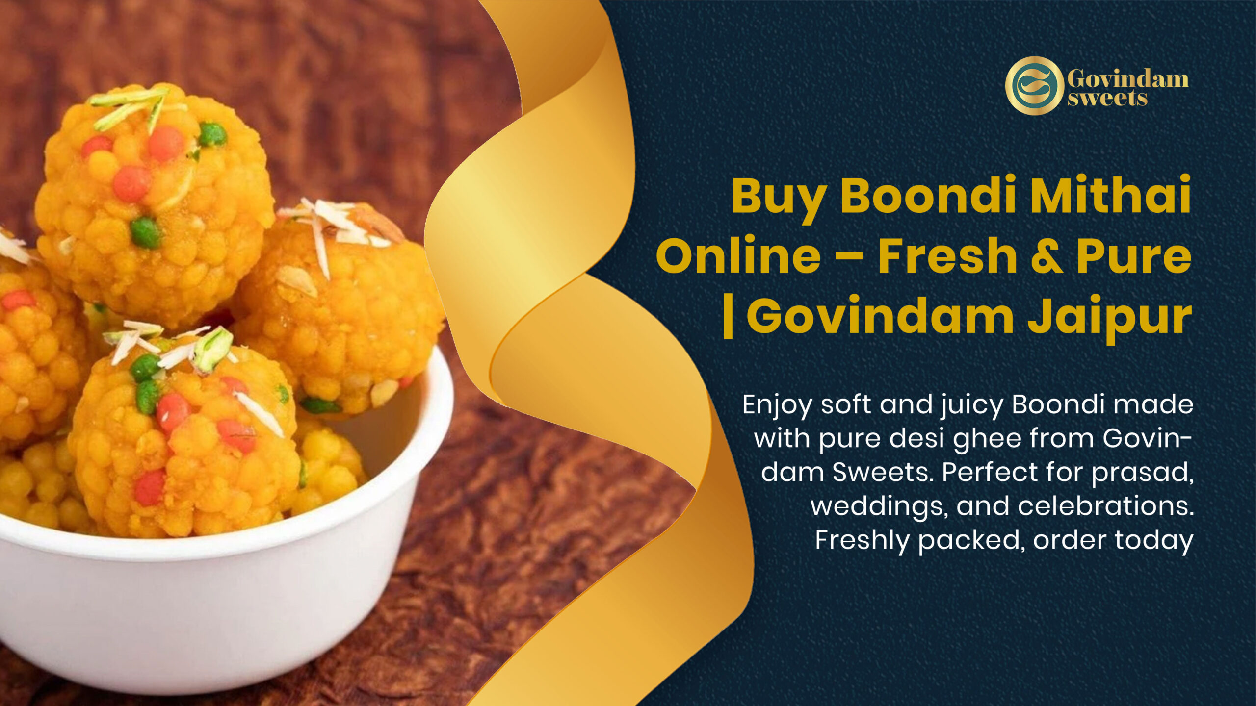 Traditional Boondi sweet with honey-colored beads soaked in sugar syrup for prasad and celebrations