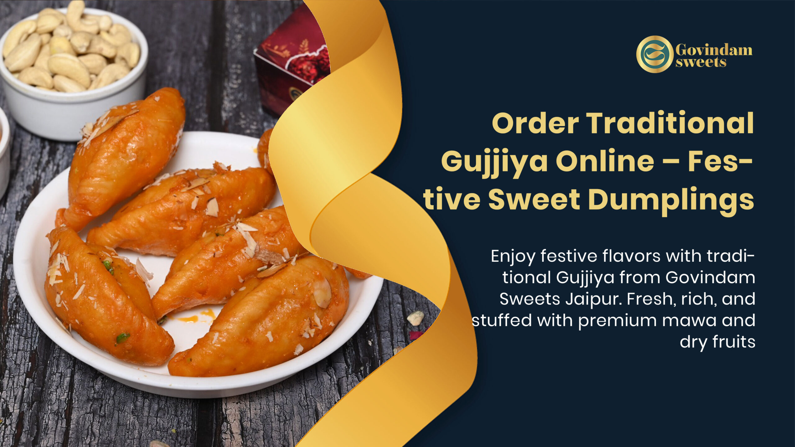 Traditional Gujjiya sweet dumplings with mawa and dry fruit filling from Govindam Sweets Jaipur