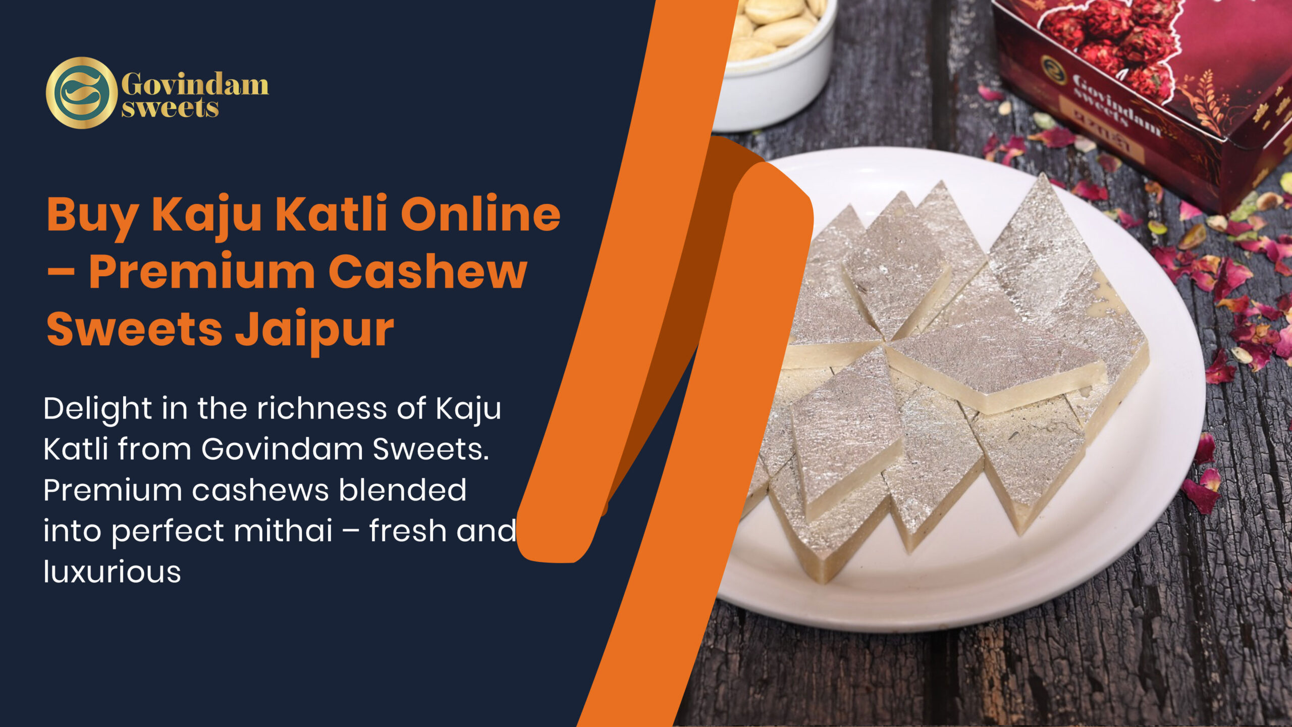 Premium silver-topped Kaju Katli (cashew fudge) from Govindam Sweets Jaipur