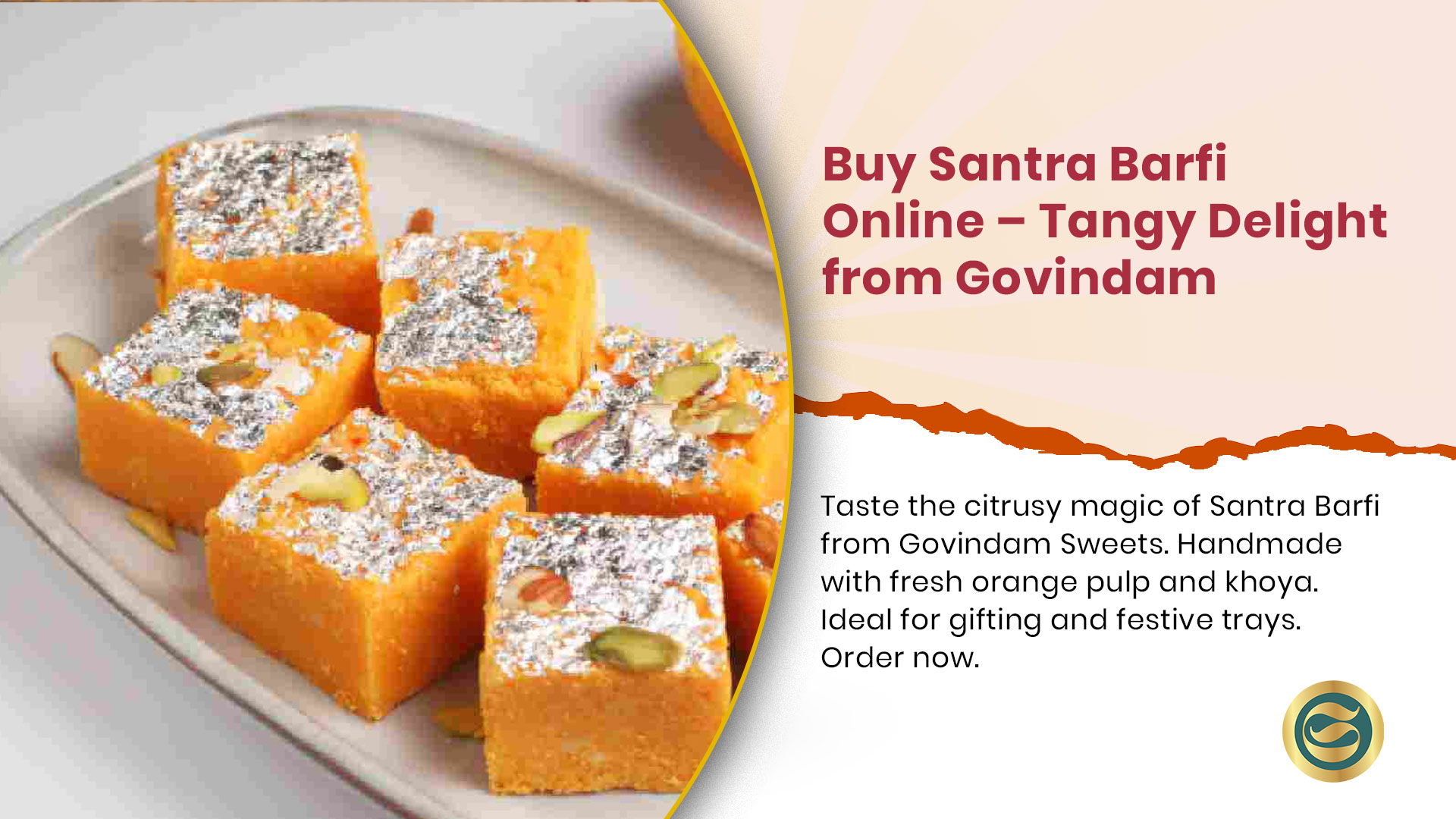 Govindam's Santra Barfi - a tangy and delightful orange-flavored Indian fudge, handcrafted with fresh ingredients