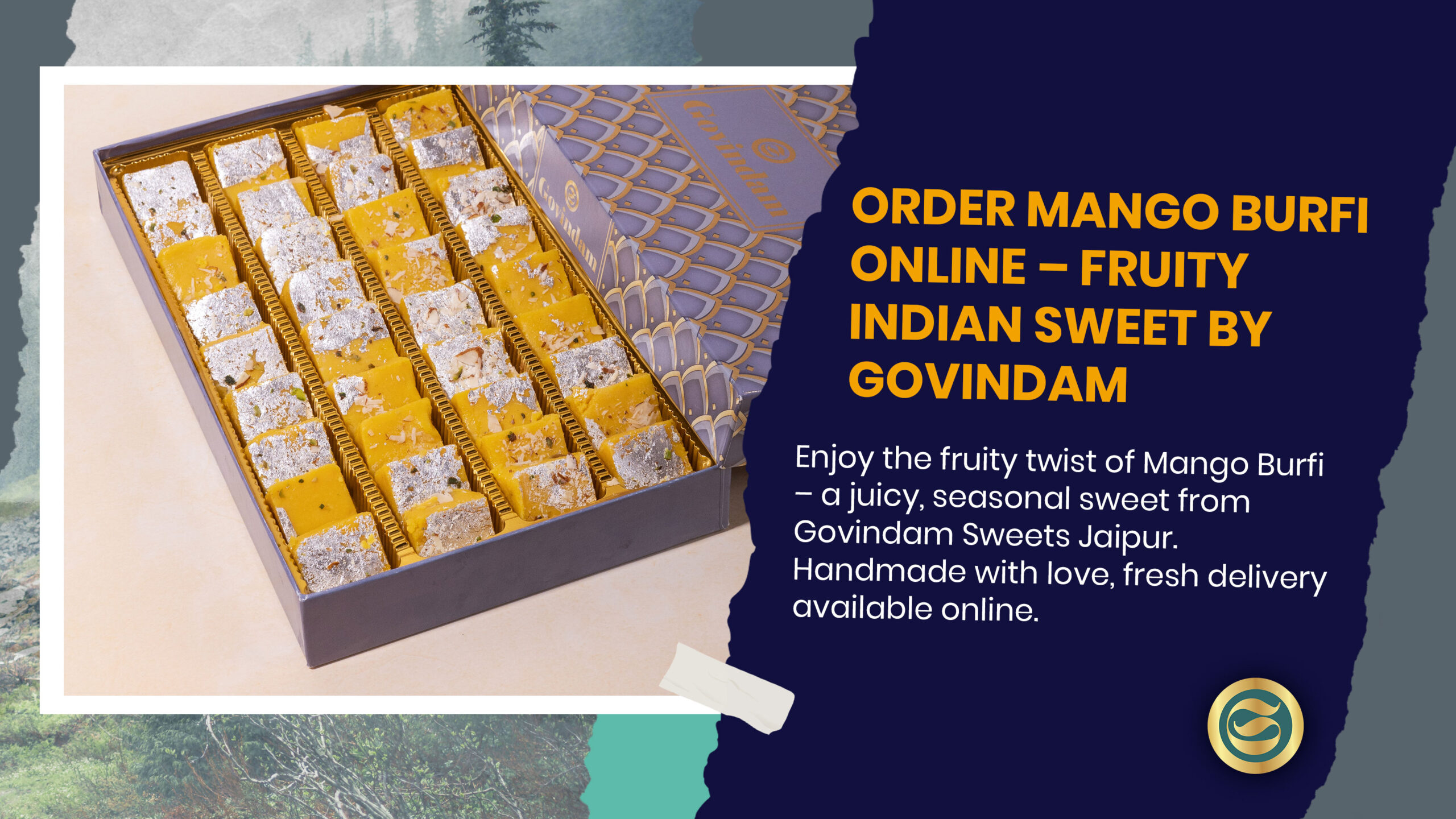 Govindam's Mango Burfi – a fruity twist on traditional Indian milk-based sweet, handcrafted with Alphonso mangoes