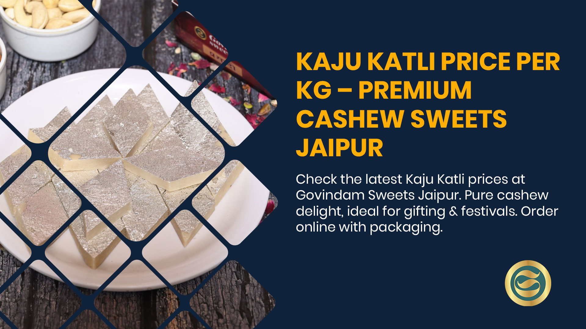 Traditional diamond-cut Kaju Katli sweet from Govindam Sweets