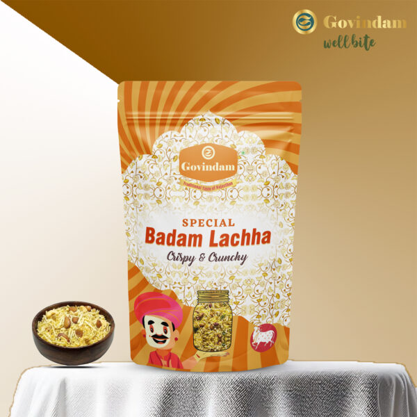 Badam Lachha featuring golden crispy almond strips arranged elegantly - premium authentic bulk namkeen snack