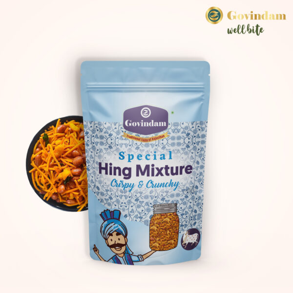 Hing Mixture featuring golden crispy sev with aromatic asafoetida coating - premium authentic bulk namkeen