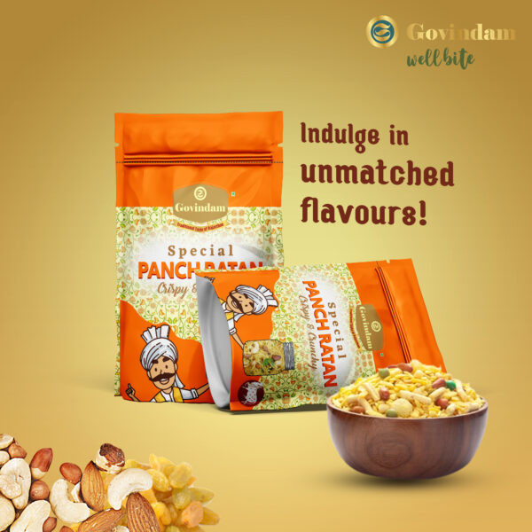 Panch Ratan featuring five distinct ingredients golden mix - premium authentic bulk traditional namkeen mixture